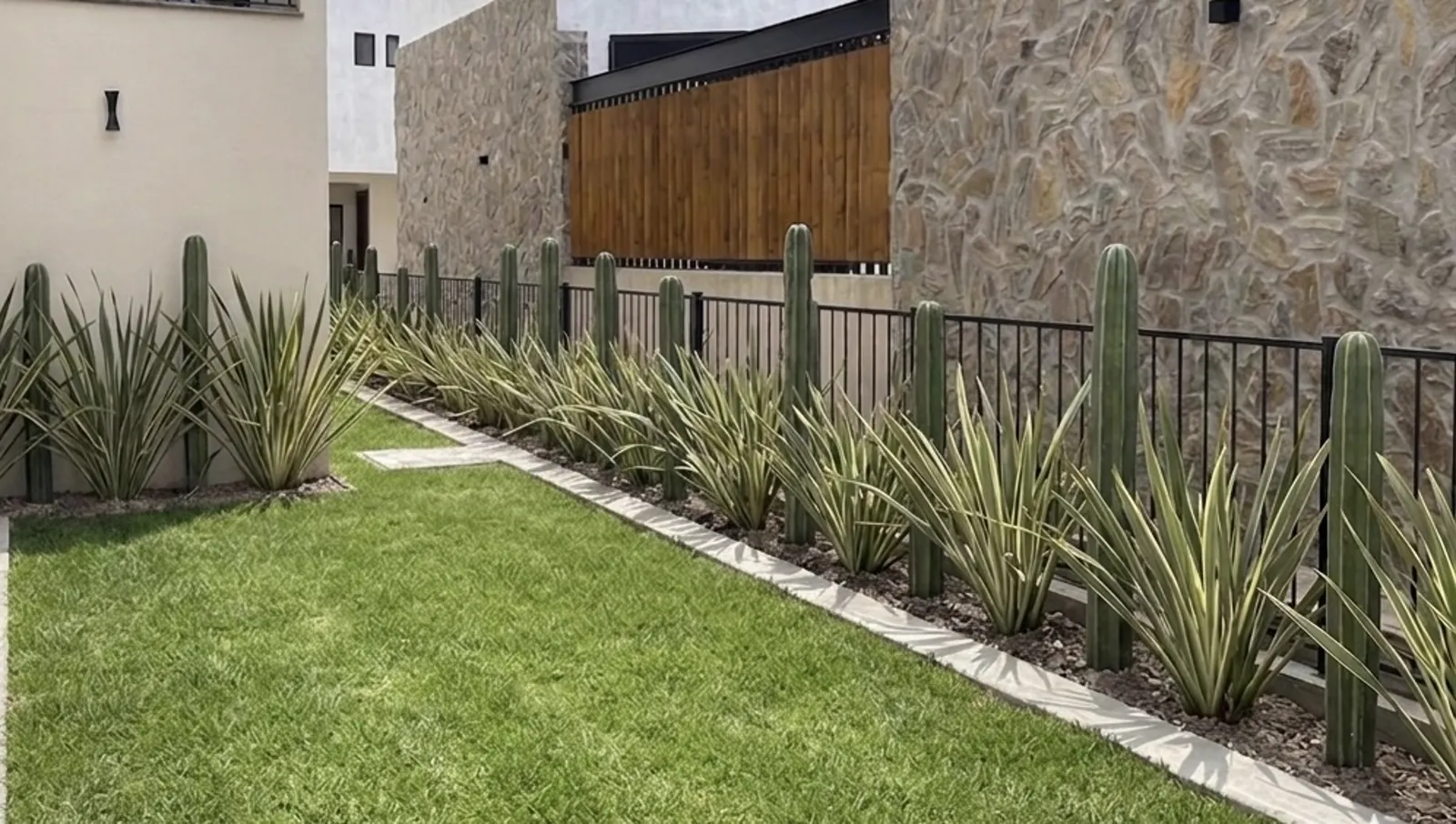 Jardín con agaves, pasto recién instalado y bardas de piedra
